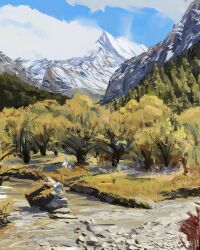  2others black_hair blue_sky boulder clouds cloudy_sky day grass highres long_hair lying mountain multiple_others nature on_back original outdoors pluvium_grandis scenery sky tree white_hair 