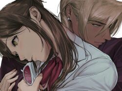  1boy 1girl ace_attorney amikoiiko apollo_justice:_ace_attorney arm_hug blonde_hair blush brown_hair close-up closed_mouth collared_shirt commentary dark-skinned_male dark_skin drill_hair earrings ema_skye english_commentary eyewear_on_head facing_to_the_side fingernails green_eyes green_vest half_updo head_on_another's_arm highres holding holding_removed_eyewear jacket jewelry klavier_gavin lab_coat lapels long_fingernails long_hair long_sleeves mismatched_eyebrows neckerchief notched_lapels pink-tinted_eyewear pink_lips pink_shirt purple_jacket red_neckerchief shirt side_drill simple_background single_earring suit_jacket sunglasses thick_lips tinted_eyewear unworn_eyewear vest waistcoat white-framed_eyewear white_background 