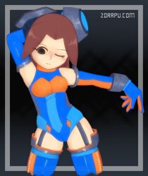  1girl arm_behind_head arm_cannon arm_up armpits bare_shoulders black_background black_eyes blue_gloves blue_leotard blue_thighhighs blush border breasts brown_hair closed_mouth cowboy_shot cropped_legs elbow_gloves garter_straps gloves grey_background grey_border leotard looking_to_the_side medium_breasts mii_(nintendo) mii_gunner mii_gunner_(smash_4) multicolored_gloves nose_blush one_eye_closed orange_gloves orange_thighhighs parted_bangs short_hair solo standing super_smash_bros. thigh-highs two-tone_gloves weapon web_address zorrpu 