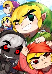  4boys absurdres black_sclera blonde_hair blue_shirt bomb colored_sclera commentary_request dancho_no_mori dark_link explosive green_shirt grin half-closed_eyes hat highres link looking_at_viewer multiple_boys nintendo red_eyes red_shirt shirt smile sweatdrop the_legend_of_zelda the_legend_of_zelda:_four_swords the_legend_of_zelda:_the_wind_waker toon_link 