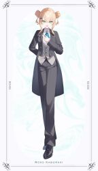  1girl aqua_ascot arm_behind_back ascot black_coat black_jacket black_pants black_shoes blonde_hair border bow brooch butler buttoned_cuffs buttons character_name coat collared_shirt commentary_request crossdressing crossdressing_(ftm) double_bun dress_shirt dress_shoes female_butler formal_clothes full_body green_eyes grey_vest hair_bow hair_bun hand_on_own_chest highres inset_border jacket jewelry kaburaki_roco lapels long_sidelocks long_sleeves looking_at_viewer medium_hair nijisanji notched_lapels open_mouth ornate_border oxfords pants parted_bangs shirt shoes side_part sidelocks solo standing straight-on tailcoat two_side_up vest virtual_youtuber white_shirt yuki_hare1130 