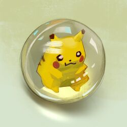  :3 art_brush ball black_eyes bowl closed_mouth full_body highres looking_up nintendo no_humans paintbrush pikachu pokemon pokemon_(creature) reflection solo standing toy transparent valorous_kid white_eyes 