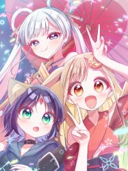  3girls absurdres animal_ears black_choker blonde_hair blue_eyes blue_hair blush brown_eyes cho_kaguya-hime! choker closed_mouth clothing_cutout colored_inner_hair commentary_request crescent crescent_hair_ornament double_v fox_ears fox_girl green_eyes hair_ornament hair_rings hair_stick haruiroha highres holding holding_umbrella japanese_clothes kaguya_(cho_kaguya-hime!) kimono long_hair multicolored_hair multiple_girls oil-paper_umbrella open_mouth pink_hair rabbit_ears rabbit_girl red_kimono red_umbrella runami_yachiyo sakayori_iroha short_hair shoulder_cutout twintails umbrella v white_hair 