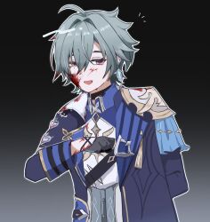  1boy ahoge armor belt belt_collar black_belt black_gloves blood blood_on_clothes blood_on_face blue_hair blue_shirt choker coat collar collared_shirt earrings genshin_impact gloves gradient_background hair_between_eyes highres injury jewelry lohen_(genshin_impact) long_sleeves male_focus mole mole_under_eye multicolored_eyes open_mouth shirt shoulder_armor smile 
