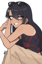 1girl artist_name bare_shoulders bead_bracelet beads black_hair black_tank_top blush bracelet breasts brown_pants commentary cowboy_shot dark-skinned_female dark_skin earclip eyelashes eyewear_on_head hair_between_eyes hand_on_own_face highres ijiranaide_nagatoro-san jewelry long_hair looking_at_viewer midriff nagatoro_hayase oomartm pants print_tank_top sidelocks simple_background sitting small_breasts smile solo sunglasses sweat tank_top teeth white_background yellow_eyes 