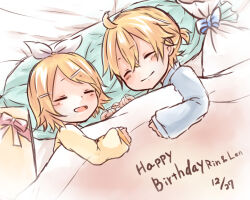  1boy 1girl birthday blanket blonde_hair blue_pajamas blue_ribbon blush bow box brother_and_sister closed_eyes commentary_request dated gift gift_bag gift_box hair_bow hair_ornament hairpin happy_birthday kagamine_len kagamine_rin light_smile lying on_side pajamas pillow pink_ribbon ribbon siblings sleeping vocaloid white_bow yasuko_ame yellow_pajamas 