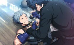  2boys asch_albright black_gloves black_hair black_shirt blue_gloves fingerless_gloves fingernails gloves gray_reverse grey_hair headset helios_rising_heroes highres long_sleeves looking_at_another lying male_focus multiple_boys official_art orange_eyes shirt short_bangs sleeveless smile teeth 
