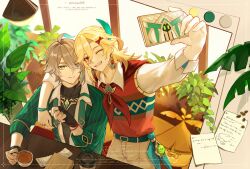  2boys ;d alhaitham_(genshin_impact) antenna_hair aqua_belt aranara_(genshin_impact) arm_around_shoulder arm_up artist_name belt belt_buckle black_gloves black_shirt blonde_hair brooch buckle cellphone chest_jewel closed_mouth coat coffee coffee_beans collared_shirt commentary_request commission cup disposable_coffee_cup disposable_cup earrings english_text feather_hair_ornament feathers fingerless_gloves flower_pot gem genshin_impact gloves gold_earrings gold_ring green_coat green_eyes green_gem green_hair green_necktie grey_hair hair_between_eyes hair_ornament hand_up hanging_light highres holding holding_cup holding_phone indoors jewelry kaveh_(genshin_impact) leaf light_smile long_hair long_sleeves male_focus mehrak_(genshin_impact) mug multicolored_hair multiple_boys neckerchief necktie one_eye_closed open_clothes open_coat open_mouth orangezhaoze pants paper parted_bangs phone plant potted_plant receipt red_eyes red_neckerchief red_sweater_vest ring selfie shirt short_hair sitting smartphone smartphone_case smile split_mouth standing striped_coat sweater_vest swept_bangs table teeth turtleneck twitter_username undone_necktie vertical-striped_coat vision_(genshin_impact) watermark white_pants white_shirt window wing_collar x_hair_ornament 