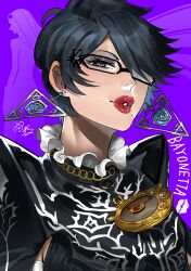  1girl absurdres bayonetta bayonetta_(series) black_hair blue_eyes collar commentary_request dancho_no_mori earrings emblem frilled_collar frills glasses highres jewelry makeup mole puckered_lips purple_background red_lips short_hair shoulder_pads silhouette solo triangle_earrings upper_body 