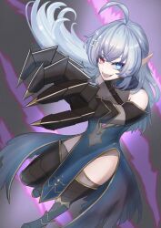  1girl ahoge black_gauntlets blue_dress blue_eyes clawed_gauntlets commentary_request dress eleking1107 fangs gauntlets general_geega general_geega_(1st_costume) grey_hair hair_between_eyes hair_ornament heterochromia highres indie_virtual_youtuber leg_armor leotard long_hair looking_at_viewer navel open_mouth pointy_ears red_eyes see-through_cleavage see-through_clothes see-through_leotard single_gauntlet smile thighs virtual_youtuber 