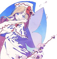  1girl blonde_hair blue_background blush branch capelet cherry_blossoms dress falling_petals flower-shaped_pupils hat highres lily_white long_hair looking_at_viewer nama_udon parted_lips petals solo symbol-shaped_pupils touhou white_capelet white_dress white_hat 