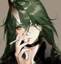  1girl arknights black_choker black_jacket choker cigarette expressionless eyeshadow green_eyes green_hair grey_background hair_between_eyes hand_up highres holding holding_cigarette horns hoshiguma_(arknights) jacket long_hair looking_to_the_side makeup nail_polish red_eyeshadow red_nails single_horn skin-covered_horns smoking solo upper_body wushui_zhan_nao_geng 
