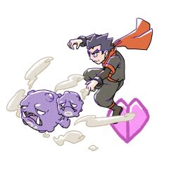  1boy badge badge_(pokemon) black_hair closed_mouth commentary_request fangs gas koga_(pokemon) male_focus multiple_heads ninja open_mouth pokemon pokemon_(creature) pokemon_firered_and_leafgreen red_scarf scarf simple_background soul_badge spiky_hair thanks_0u0 thick_eyebrows weezing white_background 