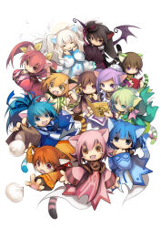  1boy 6+girls ^_^ absurdres ahoge animal_ears bag bat_wings bell black_dress black_hair black_hat black_wings blonde_hair blue_dress blue_eyes blue_hair blue_tail blush_stickers book bow brown_collar brown_dress brown_eyes brown_hair brown_tail cat_boy cat_ears cat_girl cat_tail closed_eyes collar dress emil_chronicle_online food ghost_boy ghost_girl ghost_tail glasses green_dress green_hair green_scarf green_tail grey_eyes grey_tail hair_bell hair_bow hair_ornament hair_ribbon halo hat highres holding holding_bag holding_book multiple_girls nekomata_ai nekomata_akane nekomata_anzu nekomata_kuro nekomata_kurumi nekomata_midori nekomata_momo nekomata_shiro nekomata_sora nekomata_sumire nekomata_wakana nekomata_yamabuki official_art open_mouth orange_hair orange_shirt paper_bag pink_dress pink_hair pink_ribbon pink_tail ponytail purple_hair red_dress red_eyes ribbon scarf shirt siblings smile steamed_bun striped_tail tail tearing_up twintails two-tone_dress two_side_up violet_eyes white_background white_dress white_hair white_tail white_wings wings yellow_bow yellow_dress yellow_eyes yellow_ribbon 