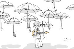  1girl absurdres arms_at_sides barefoot commentary electric_guitar greyscale guitar highres instrument kaduise looking_at_viewer monochrome no_pants original oversized_clothes oversized_shirt shirt short_hair signature solo spot_color standing umbrella 