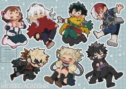  2girls 5boys bakugou_katsuki black_shirt blonde_hair blue_eyes blunt_bangs blush bodysuit boku_no_hero_academia brown_hair burn_scar cardigan cheek_piercing closed_eyes closed_mouth dabi_(boku_no_hero_academia) double_bun face_piercing fangs freckles gloves green_eyes green_hair hair_between_eyes hair_bun heterochromia highres jacket long_sleeves looking_at_another looking_at_viewer midoriya_izuku motimotiponkan multicolored_hair multiple_boys multiple_girls multiple_piercings multiple_scars open_mouth pants piercing red_eyes red_hair sailor_collar scar scar_on_arm scar_on_face scar_on_hand scar_on_mouth scar_on_neck school_uniform serafuku shigaraki_tomura shirt short_hair sidelocks skirt smile spiky_hair split-color_hair staple stapled stitched_face stitches teeth todoroki_shoto toga_himiko two-tone_hair uraraka_ochaco white_hair wrinkled_skin 