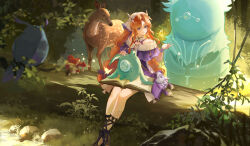  1girl absurdres artist_name bare_shoulders bird blue_bird blue_eyes body_markings book braid braided_sidelocks bug butterfly character_name chun_ling closed_mouth commentary deer fingerless_gloves gloves hand_up highres jacket long_hair looking_to_the_side mushroom open_book orange_hair outdoors pointy_ears purple_jacket sidelocks sigrika_(wuthering_waves) sitting sitting_on_log smile soliskin_(wuthering_waves) solo textless_version turning_head veil white_gloves white_veil wuthering_waves yellow_butterfly 