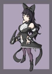  1girl ankle_boots asymmetrical_dual_wielding bare_shoulders black_boots black_bow black_hair black_jacket black_scarf blake_belladonna boots border bow breasts coattails commentary cropped_jacket detached_sleeves dual_wielding eyeshadow grey_border gun hair_bow highres holding holding_gun holding_sword holding_weapon jacket large_bow large_breasts long_hair looking_at_viewer makeup mori_kuro_pp outside_border pantyhose purple_background purple_eyeshadow purple_pantyhose rwby scarf shirt shorts sleeveless sleeveless_shirt smile solo sword tailcoat weapon white_shirt white_shorts yellow_eyes 