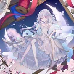  1girl absurdres bare_shoulders blue_shoes breasts buttons choker closed_mouth coffee1223 colored_inner_hair commentary_request dress flower frilled_choker frills full_body hair_ornament hand_up high_heels highres long_dress long_hair looking_at_viewer multicolored_hair pantyhose plum_blossoms purple_hair red_eyes sakurakouji_luna shoes sleeveless sleeveless_dress small_breasts solo strapless strapless_dress tree tsuki_ni_yorisou_otome_no_sahou two-tone_hair veil white_dress white_hair white_pantyhose white_veil 