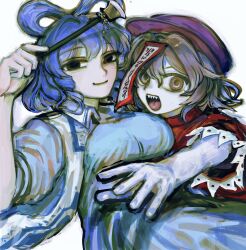  2girls black_eyes blue_dress blue_hair breasts brown_hair commentary_request dress hair_between_eyes hair_ornament hair_rings hair_stick hat highres holding_hair_stick jiangshi kaku_seiga kihaji140 large_breasts looking_at_viewer medium_hair miyako_yoshika mob_cap multiple_girls open_mouth orange_eyes outstretched_arm purple_hat red_shirt sharp_teeth shirt short_sleeves simple_background smile teeth tongue touhou upper_teeth_only vest white_background white_vest 