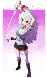  1girl absurdres aiguillette alpha_(alpha_1918) armband black_skirt blue_sash boots breasts buttons collar commentary commission commissioner_upload cross cross_pendant double-breasted english_commentary epaulettes fluffy fluffy_hair full_body gloves gold_buttons gold_trim hair_ornament highres holding holding_sword holding_weapon lips long_hair looking_at_viewer medium_breasts military military_dress_uniform military_uniform miniskirt optaku original paint red_eyes russian_empire saber_(weapon) sash serious skirt sleeve_cuffs solo standing sticker sword thick_thighs thigh-highs thighs very_long_hair weapon white_gloves white_hair white_thighhighs 