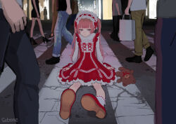 1girl bad_id bad_pixiv_id bag bib_collar blunt_bangs bow closed_mouth crosswalk dress frilled_dress frills hands_on_floor headdress lace_trim lolita_fashion long_sleeves low_twintails nelta_rene on_floor original people pink_eyes pink_hair red_bow red_dress red_ribbon red_shoes ribbon ribbon_trim road shoes shopping_bag sidelocks signature sitting socks solo_focus street stuffed_animal stuffed_toy teddy_bear twintails white_sleeves white_socks 