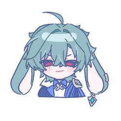  1boy :3 ahoge animal_ears armor belt belt_collar black_belt black_gloves blue_hair blue_shirt choker coat collar collared_shirt commentary_request earrings genshin_impact gloves hair_between_eyes jewelry korean_commentary lohen_(genshin_impact) long_sleeves lowres male_focus mole mole_under_eye multicolored_eyes rabbit_ears shirt shoulder_armor smile smug 