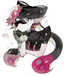  1girl black_gloves black_hair black_jumpsuit callie_(splatoon) crop_top earrings fish_(food) food food_art food_on_head gloves hypnoshades_(splatoon) inkling jewelry jumpsuit long_hair mole mole_under_eye object_on_head octopus_hair_ornament octopus_sashimi octopus_sausage_earrings padded_shoulders pink_leaf pink_shiso_leaf pointy_ears red_shiso_leaf sashimi short_sleeves spiked_waistband splatoon_(series) splatoon_2 spotted_hair suction_cups sunglasses sushi tako-san_wiener tentacle_hair togetoge upper_body 