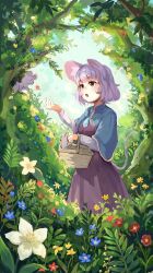  1girl absurdres animal_ears basket blue_capelet brown_eyes capelet commentary dress flower giving_flower grey_dress hand_up highres holding holding_basket jewelry long_sleeves looking_at_animal medium_hair mouse_(animal) mouse_ears mouse_girl mouse_tail nazrin outdoors parted_lips pendant snowekaki tail touhou tree white_sleeves 