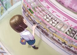  1girl absurdres ao_hoshi bag_of_chips basket black_socks blue_skirt bob_cut brown_hair brown_shoes collared_shirt commentary convenience_store drooling fisheye food food_focus from_above full_body hand_up highres holding holding_basket indoors loafers mouth_drool open_mouth original profile school_uniform shelf shirt shoes shop shopping_basket short_hair short_sleeves skirt socks solo sweets white_shirt yellow_eyes 