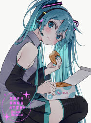  1girl artist_name black_skirt black_sleeves black_thighhighs blue_eyes blue_hair blue_necktie blush breasts closed_mouth commentary ctd_114 detached_sleeves doughnut eating food grey_shirt hatsune_miku headset highres holding holding_donut holding_food long_hair looking_at_viewer necktie neon_trim shirt skirt sleeveless sleeveless_shirt small_breasts solo thigh-highs twintails very_long_hair vocaloid 