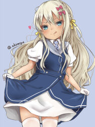  1girl akino_shuu blonde_hair blue_dress commentary_request cosplay diagonal-striped_clothes dress gloves grecale_(kancolle) kantai_collection long_hair necktie sailor_collar solo striped_clothes striped_necktie thigh-highs twitter_username ukuru_(kancolle) ukuru_(kancolle)_(cosplay) white_gloves white_thighhighs 