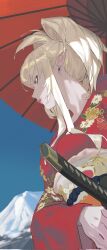  1girl alternate_hairstyle blonde_hair chitos0121 eyeliner highres japanese_clothes katana kimono kiss-shot_acerola-orion_heart-under-blade kizumonogatari kokorowatari long_pointy_ears looking_to_the_side makeup monogatari_(series) oil-paper_umbrella oshino_shinobu pointy_ears red_eyeliner red_kimono red_umbrella sword umbrella vampire weapon yellow_eyes 
