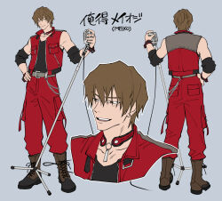  1boy belt black_shirt boots brown_belt brown_boots brown_eyes brown_hair closed_mouth collar commentary_request cropped_shoulders elbow_pads english_text full_body genderswap genderswap_(ftm) grey_background hand_on_own_hip highres holding holding_microphone jacket male_focus mature_male meiko_(vocaloid) microphone microphone_stand multiple_views open_mouth otani_(gloria) pants red_collar red_jacket red_pants reference_sheet shirt short_hair simple_background sleeveless sleeveless_jacket smile vocaloid wrist_cuffs 