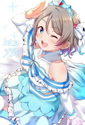  1girl absurdres aquarium bare_shoulders birthday blue_eyes blush bracelet character_name commentary dress earrings english_text frilled_dress frilled_sleeves frills from_side gem grey_hair hair_ornament hand_up happy_birthday highres jewelry koi_ni_naritai_aquarium kuntze love_live! love_live!_sunshine!! midriff multicolored_hair open_mouth pearl_bracelet salute short_hair sitting smile streaked_hair thigh-highs thighs tiara watanabe_you wavy_hair 