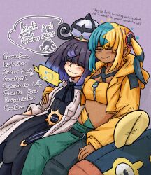  2girls absurdres artist_logo ascot black_ascot black_hair black_shirt black_skirt blonde_hair blue_hair blue_pants blunt_bangs blush canari_(pokemon) character_doll closed_eyes closed_mouth colored_tips commentary dated doll eelektrik english_commentary english_text feet_out_of_frame gwynn_(pokemon) hat highres jacket leaning_on_person logo mcsquiddies medium_hair midriff multicolored_hair multiple_girls navel pants pokemon pokemon_legends:_z-a purple_background rotom rotom_phone shirt sitting skirt smile split_mouth sports_bra thank_you twintails two-tone_hair white_hat white_jacket yellow_jacket yellow_sports_bra yuri zipper 