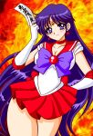  1girl :d arm_behind_back bangs bare_legs bishoujo_senshi_sailor_moon choker collarbone commentary cowboy_shot earrings elbow_gloves eyebrows_visible_through_hair eyelashes fire forehead frilled_skirt frills gloves hand_up highres hino_rei holding_charm jewelry leotard long_hair looking_at_viewer magical_girl nagaigoz open_mouth purple_eyes purple_hair red_choker red_skirt sailor_mars sailor_senshi_uniform short_sleeves skirt smile solo standing star_(symbol) star_earrings thighs tiara tongue white_gloves white_leotard 