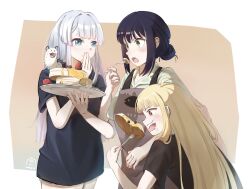  3girls absurdres ahoge apron black_hair black_shirt blue_eyes brown_eyes cho_kaguya-hime! commentary drycatfoodmeow feeding food fork fruit fushi_(cho_kaguya-hime!) green_eyes green_shirt highres holding holding_fork kaguya_(cho_kaguya-hime!) long_hair multiple_girls pancake pancake_stack runami_yachiyo sakayori_iroha shirt short_sleeves strawberry white_hair 