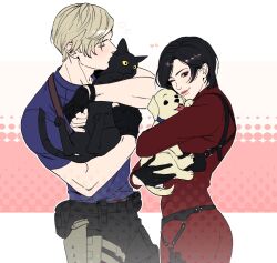  1boy 1girl ada_wong animal black_cat black_eyes black_hair blonde_hair cat closed_eyes commentary dog dress eyeshadow halftone heart highres holding holding_animal holding_cat holding_dog holster kiss kissing_cheek leon_s._kennedy makeup one_eye_closed pouch pzz_pls red_dress red_eyeshadow resident_evil resident_evil_4 resident_evil_4_(remake) short_hair shoulder_holster smile 