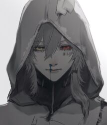  1boy barcode barcode_tattoo blood blue_blood cloak facial_tattoo gi_ra1 gradient_background grey_cloak grey_hair hair_between_eyes heterochromia highres hood hood_up hooded_cloak male_focus medium_hair nosebleed parted_lips portrait punishing:_gray_raven red_eyes roland_(npc)_(pgr) roland_(pgr) solo tattoo white_background yellow_eyes 