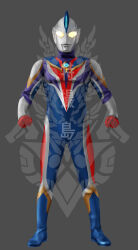  1boy absurdres alien blue_skin color_timer colored_skin commentary_request compound_eyes dorsal_fin forehead_jewel glowing glowing_eyes highres male_focus multicolored_skin original pectorals red_skin silver_skin solo standing tokusatsu tokusatsushima ultra_series ultraman_(1st_series) ultraman_cosmos ultraman_cosmos_(series) white_eyes wrinkled_skin yellow_eyes 
