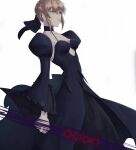  1girl absurdres artoria_pendragon_(fate) bangs black_dress black_ribbon blonde_hair braid closed_mouth commentary_request dark_excalibur dress excalibur_morgan_(fate) fate/stay_night fate_(series) french_braid from_below gothic_lolita hair_bun highres holding holding_sword holding_weapon juliet_sleeves lolita_fashion long_sleeves looking_at_viewer puffy_sleeves ribbon saber_alter sidelocks sword wata16008844 weapon yellow_eyes 