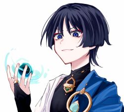  1boy 316_yogurt black_bodysuit black_bridal_gauntlets black_hair blue_cape blue_gem blunt_ends bodysuit bridal_gauntlets cape choppy_bangs derivative_work eyeliner fingernails gem genshin_impact gold gold_ring hand_up highres japanese_clothes kimono looking_to_the_side makeup male_focus mandarin_collar middle_ring open_hand parted_lips portrait red_eyeliner scaramouche_(genshin_impact) shoulder_peek side_cape solo violet_eyes vision_(genshin_impact) vortex wanderer_(genshin_impact) white_background white_kimono white_mouth white_sleeves 