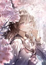  1girl arm_at_side black_hair blue_sailor_collar blurry blurry_background blurry_foreground blush cherry_blossoms commentary dappled_sunlight day depth_of_field flower from_side hand_up highres holding holding_flower long_hair long_sleeves looking_at_viewer looking_to_the_side open_mouth original outdoors pink_flower pink_hair sailor_collar sailor_shirt sakura_(39ra) school_uniform shirt smile solo sunlight turning_head untranslatable_commentary upper_body white_shirt 
