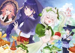  1boy 3girls absurdres animal_ears apple aranara_(genshin_impact) basket black_pants black_shirt blunt_ends bow bow_(weapon) braid breasts closed_eyes closed_mouth dress earrings flower food fox_ears fruit genshin_impact green_bow green_hairband green_sleeves grey_shirt hair_between_eyes hair_bow hair_flower hair_ornament hairband highres holding holding_basket holding_food holding_fruit hood hood_up jewelry long_hair long_sleeves mole mole_under_eye multicolored_hair multiple_girls nahida_(genshin_impact) narurin21 open_mouth pants pink_hair pink_nails pointy_ears purple_hair purple_hood raiden_shogun scaramouche_(genshin_impact) shirt side_ponytail smile snow_white_(fairy_tale) tassel tassel_hair_ornament violet_eyes wanderer_(genshin_impact) weapon white_dress white_shirt yae_miko 