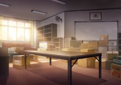  abydos_high_school_logo blue_archive box box_stack cardboard_box clubroom couch curtains desk electric_fan empty_room evening fluorescent_lamp game_cg golden_hour indoors lens_flare light_rays no_humans non-web_source office official_art picture_frame scenery self-datamine shelf sunbeam sunlight sunset table warm_colored whiteboard window 