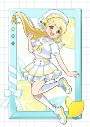  1girl :d akane_(akane112234) blonde_hair blush commentary_request dot_nose food food_print frilled_skirt frills fruit fruit_print full_body hand_up hat highres kneehighs lemon lemon_print long_hair looking_at_viewer neckerchief open_mouth original pleated_skirt print_shoes print_skirt sailor_collar school_uniform serafuku shirt shoes short_sleeves skirt smile socks solo white_hat white_sailor_collar white_shirt white_shoes white_skirt yellow_eyes yellow_neckerchief 