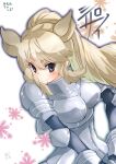  1girl animal_ears armor armored_dress black_eyes blush character_name chiki_yuuko closed_mouth commentary_request copyright_name eyebrows_visible_through_hair kemono_friends light_brown_hair rhinoceros_ears rhinoceros_girl sidelocks smile solo white_rhinoceros_(kemono_friends) 