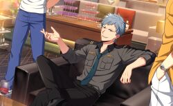  3boys asch_albright belt black_pants blue_necktie blue_pants breast_pocket collared_shirt crossed_legs fingernails grey_hair grey_shirt hand_in_pocket helios_rising_heroes highres male_focus multiple_boys necktie official_art orange_eyes pants pocket shirt sitting teeth upper_teeth_only watch watch white_pants 