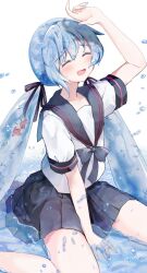  1girl black_bow black_ribbon black_sailor_collar black_skirt blue_hair blush bottle_miku bow closed_eyes commentary_request double-parted_bangs feet_out_of_frame hair_between_eyes hair_ribbon hand_up hatsune_miku highres in_water liquid_hair long_hair low_twintails mani_(manidrawings) open_mouth pleated_skirt ribbon sailor_collar shading_face shirt short_sleeves sidelocks simple_background sitting skirt solo thighs twintails twitter_username very_long_hair vocaloid watermark white_background white_shirt 